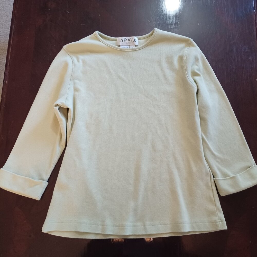 Orvis Womens Tunic Top Small Light Green Long Sleeve Cuffed 100% Cotton Crew